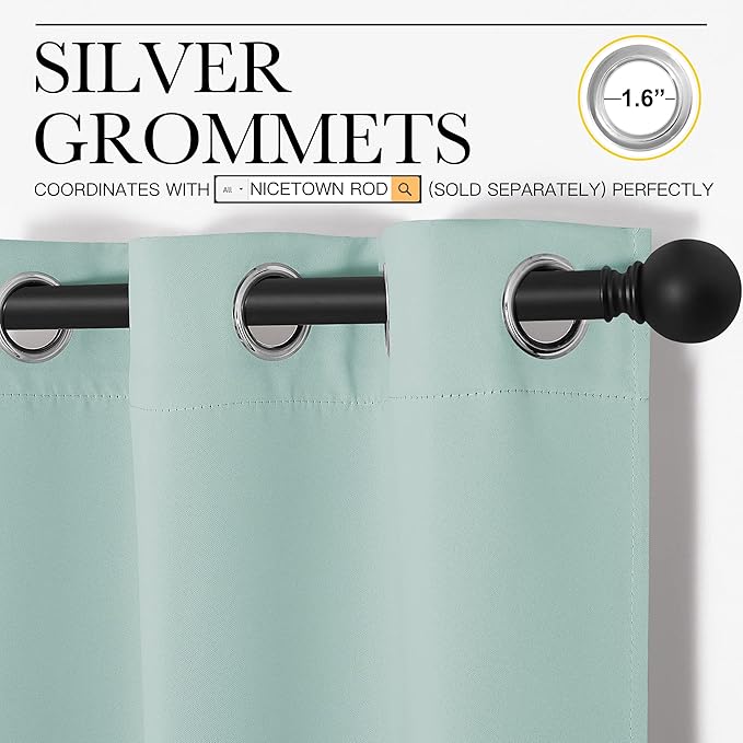 NICETOWN Aqua Blue Room Darkening Curtains for Kitchen, Window Treatment Thermal Insulated Solid Grommet Curtains/Drapes Bedroom (Set of 2, 42 inches Wide by 63 Long)