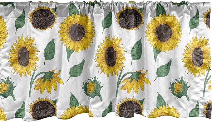 Ambesonne Sunflower Window Valance, Agricultural Pattern Botanical Inspiration Hand-Drawn Flowers, Curtain Valance for Kitchen Bedroom Decor with Rod Pocket, 54" X 12", Reseda Green Dark Brown