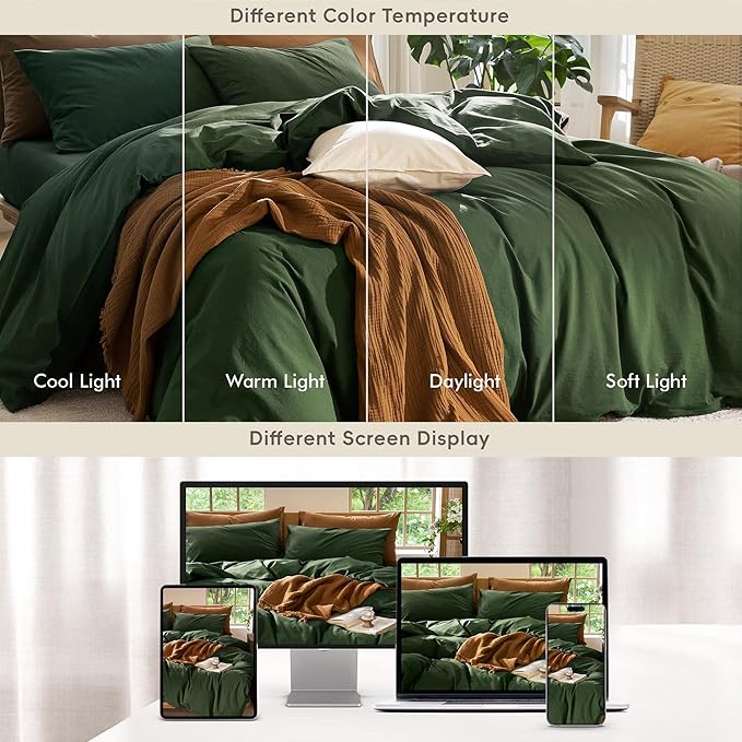 MooMee Bedding Duvet Cover Set 100% Washed Cotton Linen Like Textured Breathable Durable Soft Comfy (Solid Forest Green, Oversized Queen 98"x98")