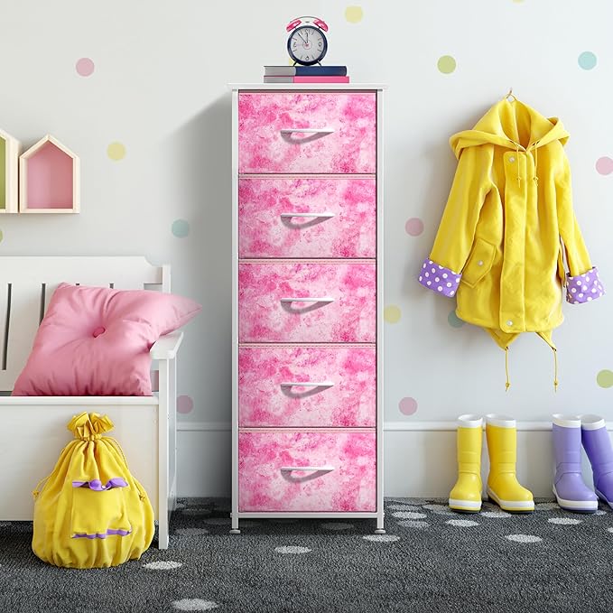 Sorbus Fabric Dresser for Kids Bedroom - Chest of 5 Drawers, Tall Storage Tower, Clothing Organizer, for Closet, for Playroom, for Nursery, Steel Frame, Fabric Bins - Wood Handle (Tie-dye Pink)