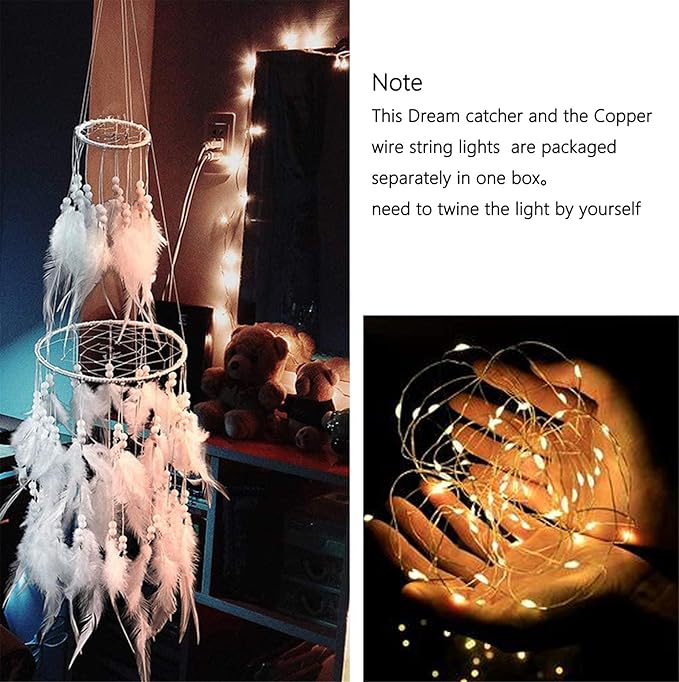 Bed Canopy with Double Circle White Feather Dream Catcher and 50 LED Fairy String Lights, Mosquito Net - Unique Style Dome Bed Netting Canopy Curtains Canopy - Suggested for Twin Full Queen King Bed