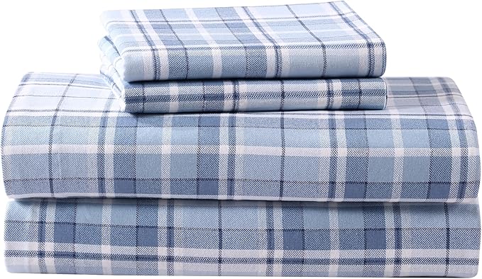 Laura Ashley - Flannel Sheets Twin Size, Anti-Pilling & Wrinkle Resistant Cotton, Touchably Soft for All-Season Comfort - Bed Sheets with Matching Pillowcase & Fitted Sheet (Muholland Plaid Blue)