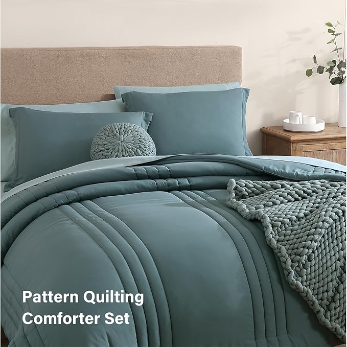 Monbix Full Comforter Set - 7 Pieces Dark Green Bed in a Bag Full Size Bedding Sets with Comforters, All Seasons Down Alternative Comforter with Sheets,Pillowcases & Shams
