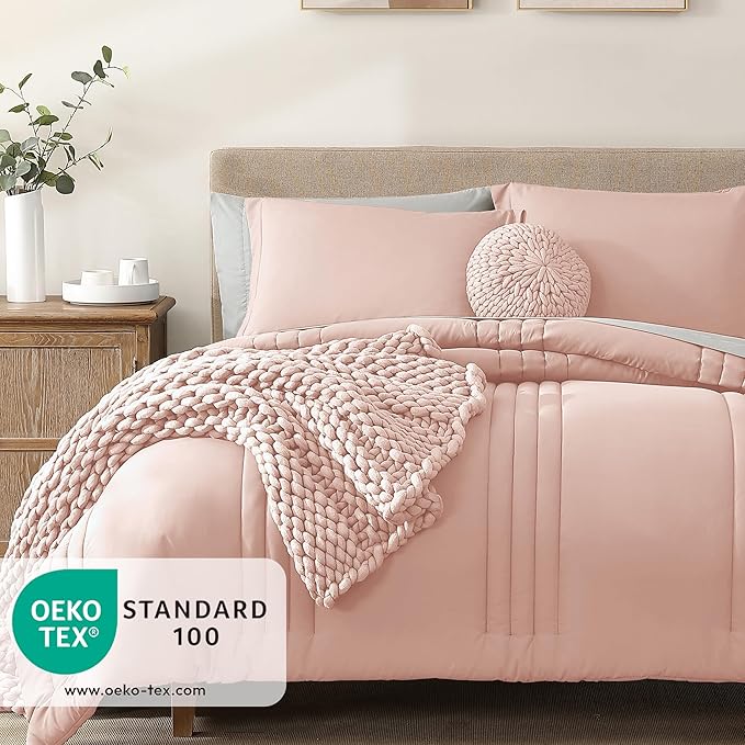 Monbix Full Comforter Set - 7 Pieces Light Pink Bed in a Bag Full Size Bedding Sets with Comforters, All Seasons Down Alternative Comforter with Sheets,Pillowcases & Shams