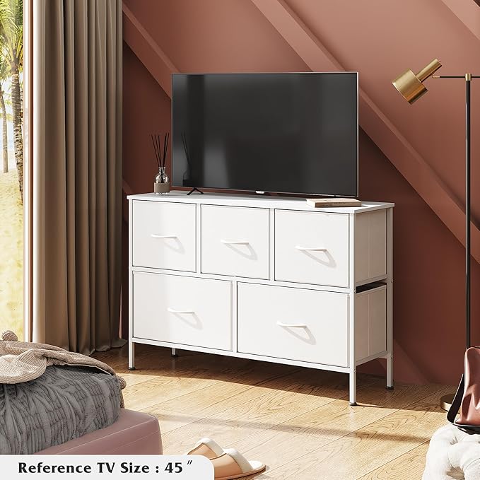 WLIVE White Dresser for Bedroom with 5 Drawers, Chest of Drawers, Fabric Small Dresser with Drawer Organizers, Storage Organizer Unit for Hallway, Entryway, Closets