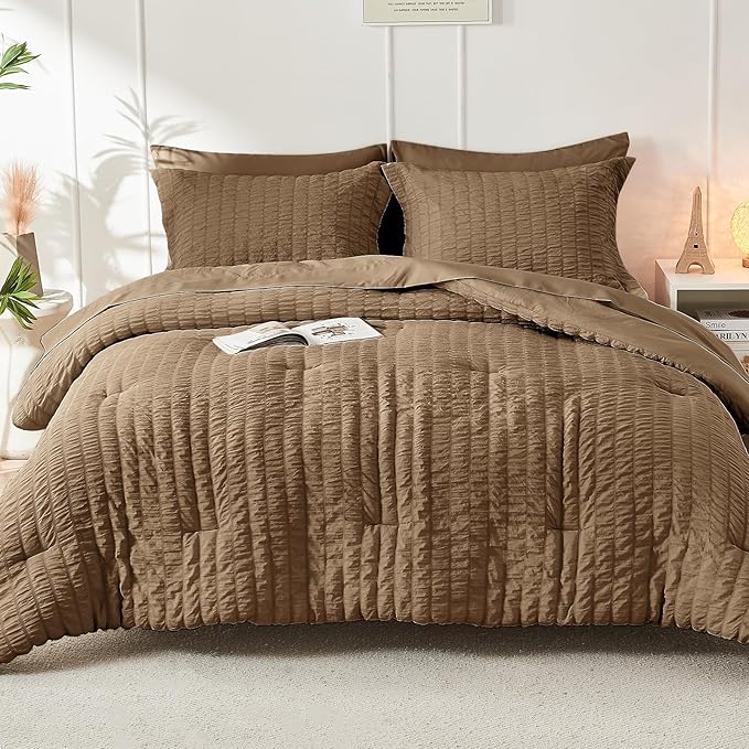 HYMOKEGE Brown King Size Comforter Set Seersucker 7 Pieces, All Season Luxury Bed in a Bag for Bedroom, Bedding Set with Comforter, Sheets, Pillowcases & Shams