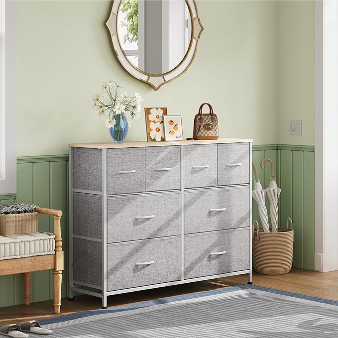 WLIVE 8 Drawer Dresser for Bedroom, Wide Fabric Dresser Storage Organizer, Chest of Drawers with Wood Top, Sturdy Steel Frame, Dressers for Living Room, Closet, Hallway, Light Grey