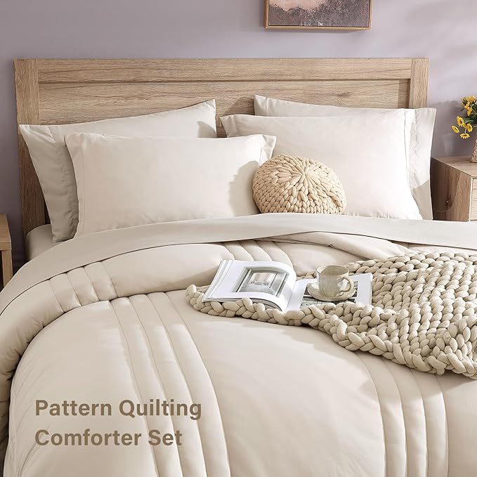 Monbix Full Size Comforter Set - 7 Pieces Beige Bed in a Bag Full Size Bedding Sets with Comforters, All Seasons Comforter with Sheets,Pillowcases & Shams