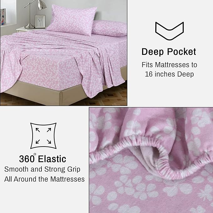 RUVANTI Flannel Sheets King Size - 100% Cotton Brushed King Size Sheets Set - Deep Pockets 16 Inches Bed Sheets - All Seasons Breathable & Extra Soft - Warm & Cozy, 4 Piece, Pink Flora