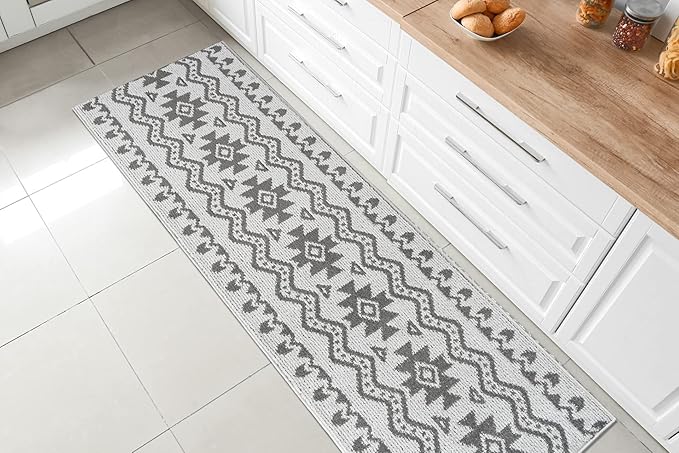 Custom Size Southwestern Style Runner Rug Mat for Wide Hallway Entryway Kitchen Laundry Room with Slip Resistant Latex Rubber Backing, Aztec Light Grey, 31 inch X 12 feet