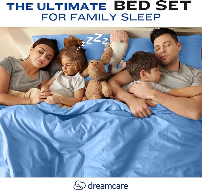 DREAMCARE Sheet Set - 4pcs Cooling Microfiber, Deep Pocket King, Hotel Luxury, Soft 100% Fine Microfiber with Side Pocket - Light Blue