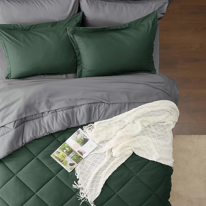 Bedsure Forest Green Twin XL Comforter Set - 5 Pieces Reversible Twin XL Bed in a Bag for College, Extra Long Twin Bed Set Forest Green and Grey with Comforters, Sheets, Pillowcase & Sham