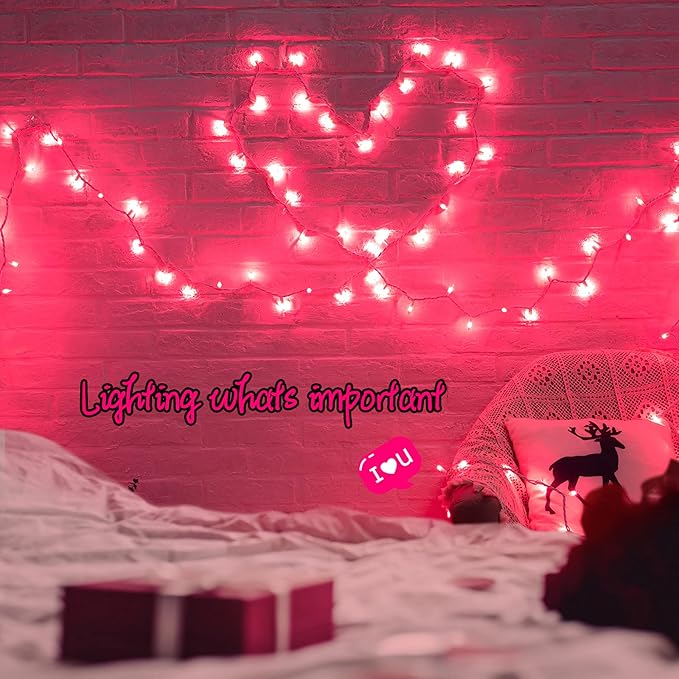 Christmas Pink Mini String Lights - 100 Count 25 Feet Detachable Incandescent Bulb Waterproof Fairy Lights Plug in for Indoor Outdoor Party Patio Xmas Tree Valentine's Day Decoration, White Wire