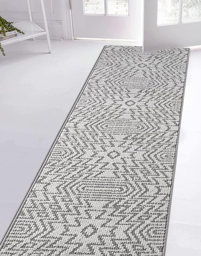 Custom Size Southwestern Style Runner Rug Mat for Wide Hallway Entryway Kitchen Laundry Room with Slip Resistant Latex Rubber Backing, Inca Grey, 31 inch X 6 feet