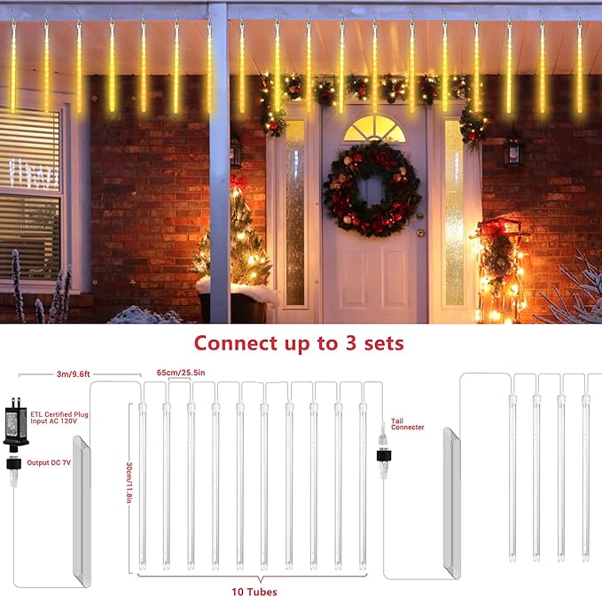 Joomer 2Pack Christmas Lights Outdoor, 11.8 inch 10 Tubes 240 LED Meteor Shower Lights, LED Falling Icicle Cascading Light with Timer Waterproof and Connectable for Christmas Decoration (Warm White)