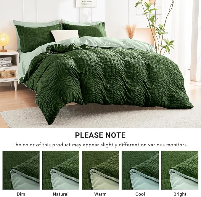 HYMOKEGE Dark Green/Sage Green Queen Comforter Set Seersucker 7 Pieces, All Season Luxury Bed in a Bag Queen for Bedroom, Bedding Set with Comforter, Sheets, Pillowcases & Shams