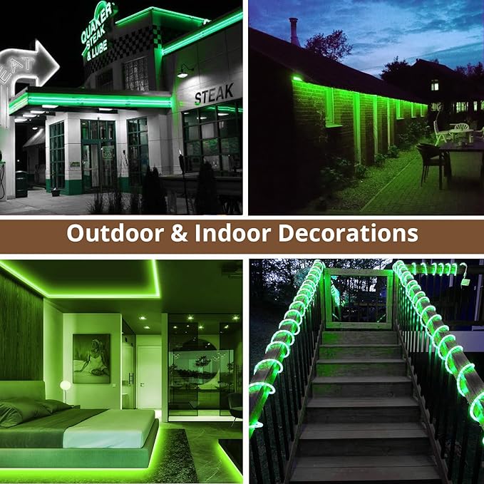 LED Rope Lights, 33Feet Green Flat Flexible Strip Light, Plug in Novelty Lighting, Connectable and Waterproof for Home Christmas Holiday Garden Patio Party Decoration