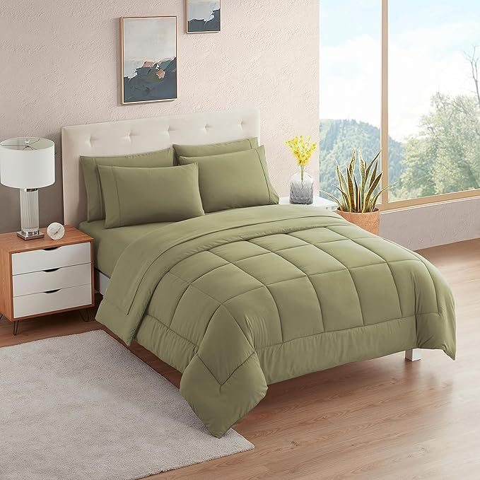 Sweet Home Collection 5 Piece Comforter Set Bag Solid Color All Season Soft Down Alternative Blanket & Luxurious Microfiber Bed Sheets, Sage, Twin