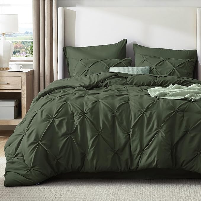 Bedsure California King Comforter Set Olive Green - Bed in a Bag Cal King Bedding Set 7 PCS, GentleSoft™ Pintuck Bed Set Gift for Family, Pinch Pleat Green Comforter with Sheets, Pillowcases & Shams