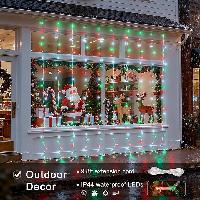 JMEXSUSS 300LED Red White and Green Christmas Curtain Lights with Remote, Indoor Christmas String Lights Plug in, Hanging Twinkle Lights for Bedroom Window Wall Yard Outdoor Xmas Decor, 9.8x9.8ft