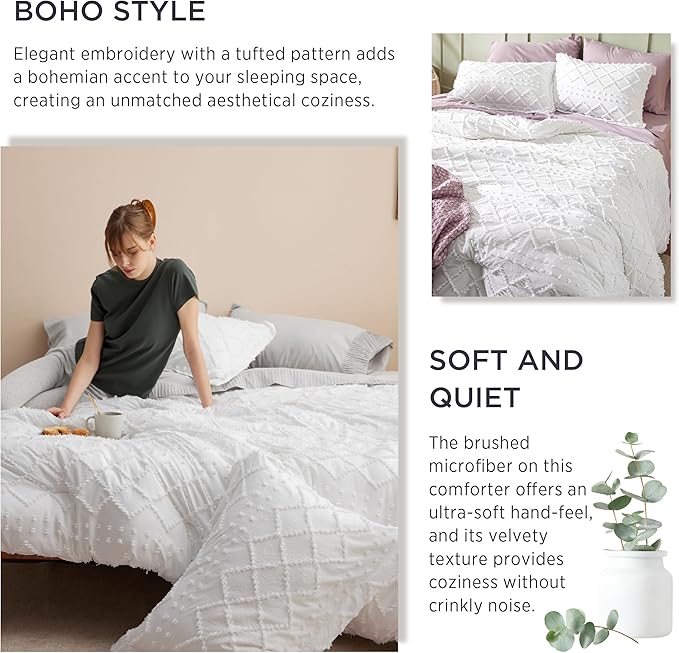 Bedsure Twin Comforter Set - Lavender Comforter, Boho Tufted Shabby Chic Bedding for Kids, 2 Pieces Vintage Farmhouse Bed Set for All Seasons, Fluffy Soft Bedding with 1 Pillow Sham