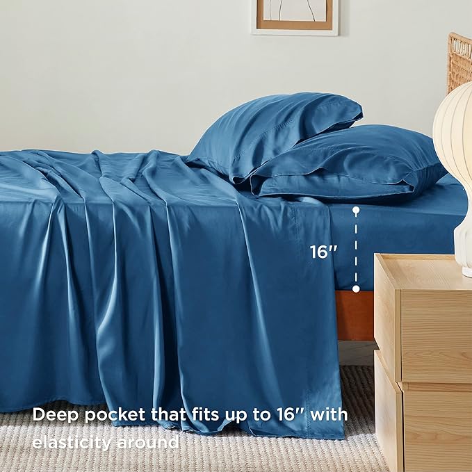 Bedsure Full Size Bed Sheets, Cooling Sheets, Rayon Derived from Bamboo, Breathable & Soft, Deep Pocket Up to 16 Inches, Hotel Luxury Silky Bedding for Hot Sleepers, Peacock Blue