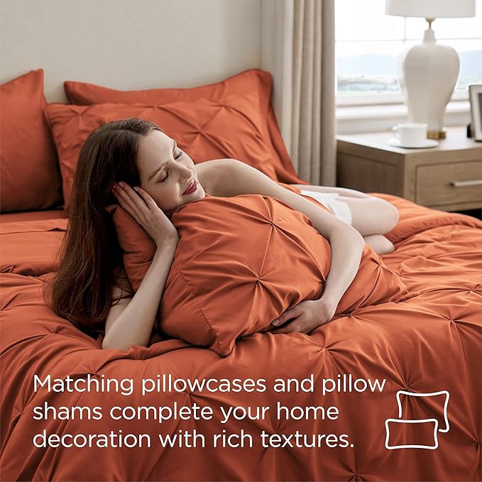 Bedsure King Size Comforter Set Burnt Orange - Bed in a Bag Bedding Set 7 Pieces, GentleSoft™ Pintuck Bed Set Gift for Family, Pinch Pleat Burnt Orange Comforter with Sheets, Pillowcases & Shams