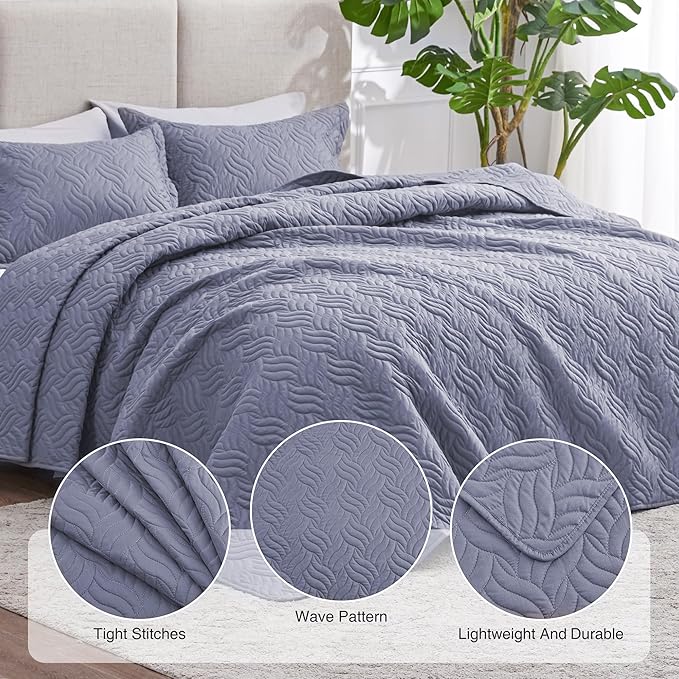 Love's cabin King Size Quilt Bedding Set Bluish Grey Bedspreads - Bed Summer Lightweight Bedspread Comforter - Wave Pattern Bedding Coverlet for All Season - 3 Pieces (1 Quilt, 2 Pillow Shams)