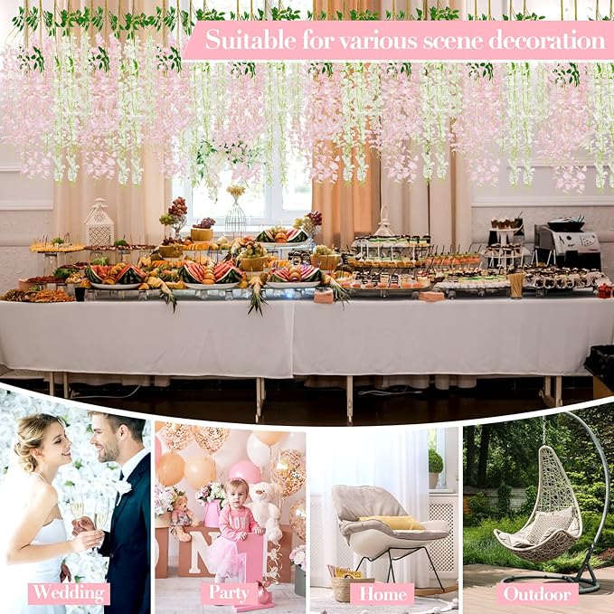 Giegxin 36 Pcs Artificial Wisteria Hanging Flowers 3.6 ft Artificial Fake Wisteria Vine Rattan Hanging Garland Silk Flowers String for Wall Home Wedding Party Greenery Decorations (Pink,White)