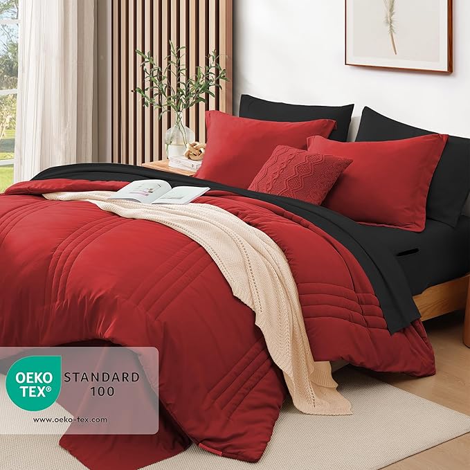 Monbix Queen Comforter Set - 7 Pieces Bright Red Bed in a Bag Queen Bedding Sets with Comforters, All Seasons Down Alternative Comforter Bed Set with Sheets, Pillowcases & Shams
