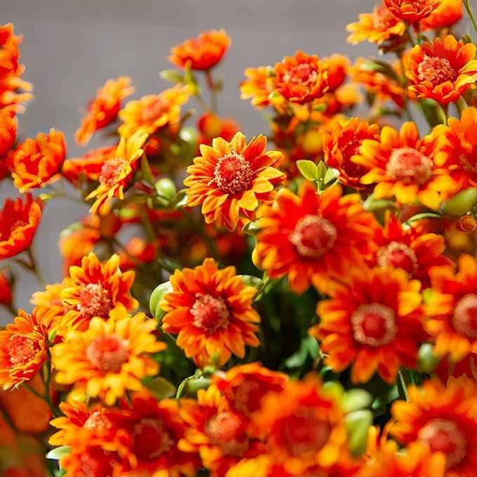 Artificial Mums for Outdoors, Faux Sunset Mum Flowers Planters for Indoor Outside Decor, Fake Look Real, Vibrant, UV Resistant, Waterproof, Windproof (Orange, 10 Bundle)