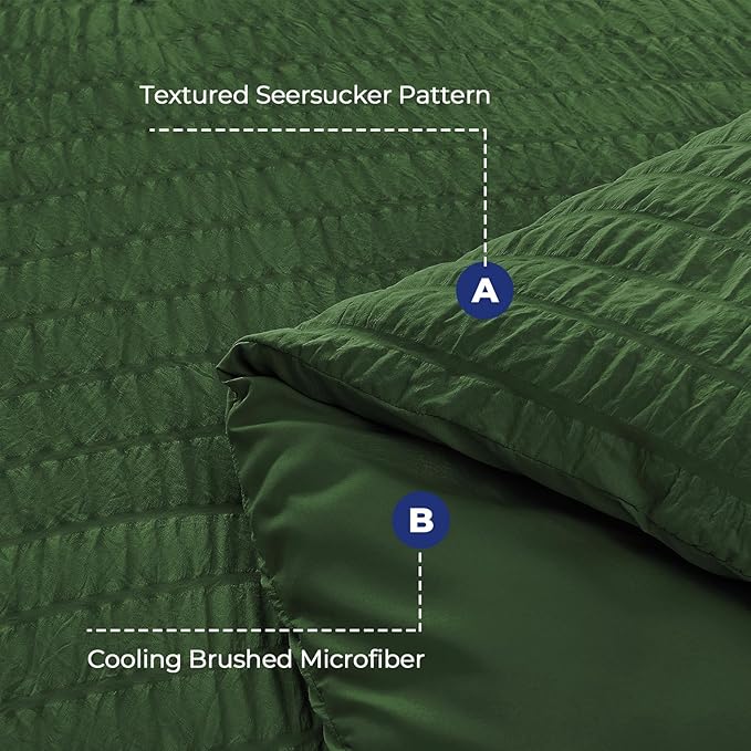 HYMOKEGE Dark Green Queen Comforter Set Seersucker 7 Pieces, All Season Luxury Bed in a Bag for Bedroom, Bedding Set with Comforters, Sheets, Pillowcases & Shams