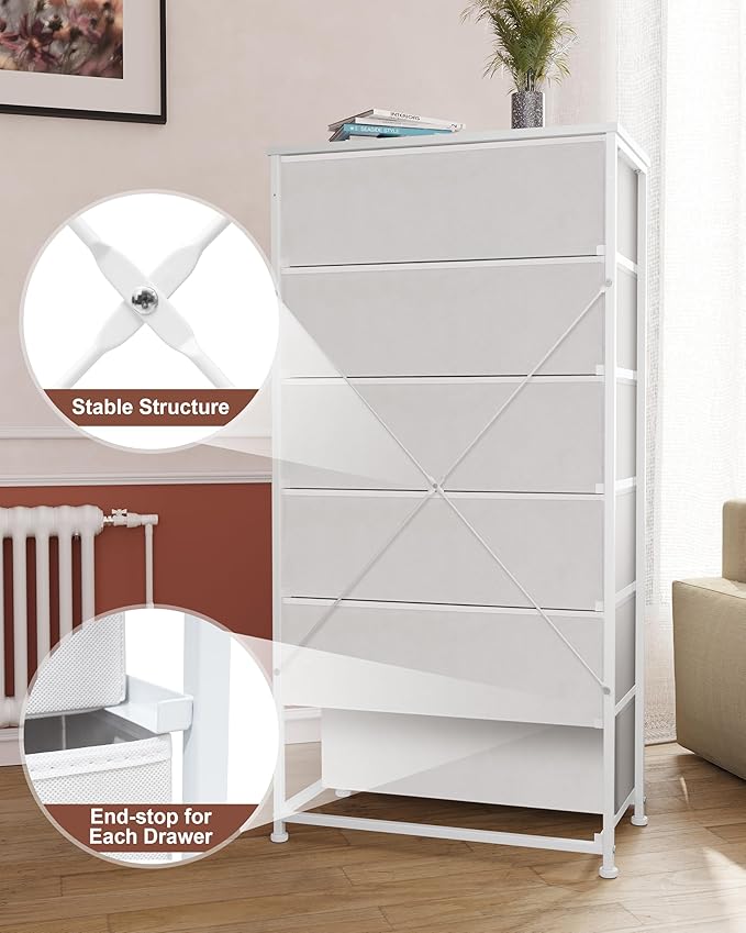 Crestlive Products Dresser for Bedroom with 6 Drawers, Tall Chest of Drawers, White Dressers Bedroom Furniture, Storage Organizer Unit with Bins for Closet, Hallway, Living Room, Entryway