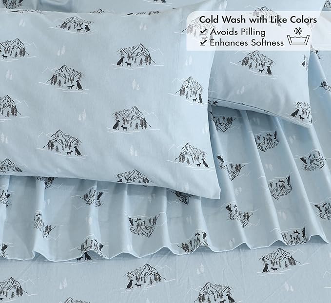 RUVANTI Flannel Sheets Queen Size - 100% Cotton Double Brushed Bed Sheets, Deep Pockets 16 Inches Queen Sheet Set, All Seasons Breathable & Extra Soft - Warm & Cozy, 4 Piece, Soul Dog