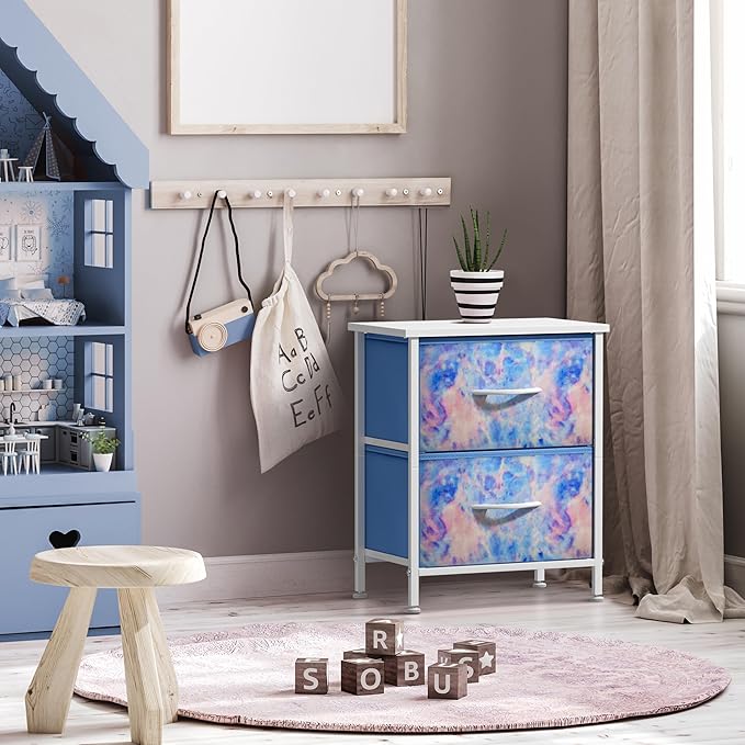 Sorbus Nightstand with 2 Drawers - Kids Bedside Furniture End Table Night Stand - Steel Frame, Wood Top & Easy Pull Fabric Bins - Dresser & Chest for Home, Bedroom Accessories, Office & College Dorm