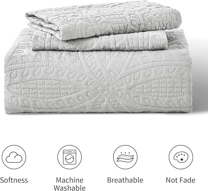 Love's cabin King Size Quilt Bedding Set Light Grey Bedspreads - Bed Summer Lightweight Bedspread Comforter - Coin Pattern Bedding Coverlet for All Season - 3 Pieces (1 Quilt, 2 Pillow Shams)