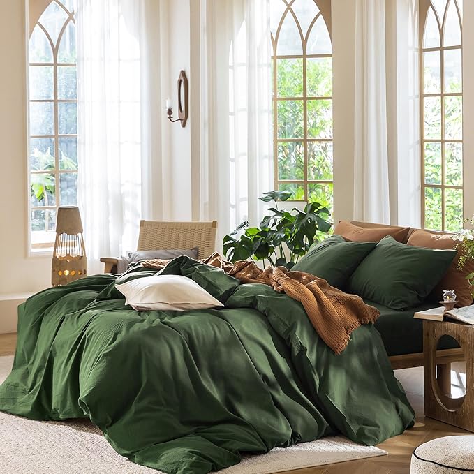 MooMee Bedding Duvet Cover Set 100% Washed Cotton Linen Like Textured Breathable Durable Soft Comfy (Solid Forest Green, Super King Plus 120"x120")