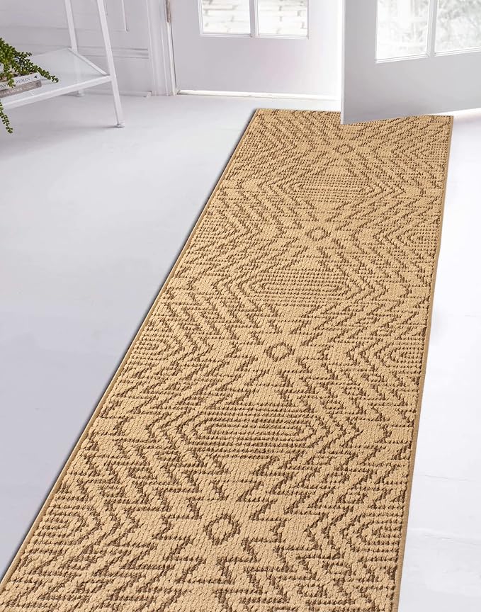 Custom Length Cut to Size Tribal Ethnic Southwestern Inspired Hallway Runner Rug, Non Slip Rubber Backed, 31 inch Wide X Customized Length, Inca Tan, 31 inch X 21 feet
