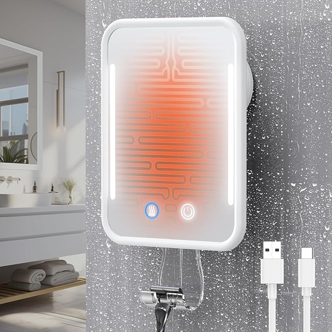 Gospire Heated Shower Mirror Fogless for Shaving with Light, 5000mAh Rechargeable Battery, Detachable Suction Cup and Razor Holder for Wall, NO-Drilling, Removable, Waterproof for Bathroom - White