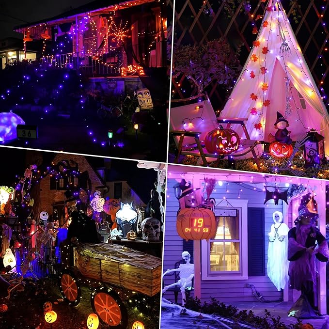 Decute Halloween String Lights Outdoor Indoor Waterproof 300LED 105FT UL Certified with End-to-End Plug 8 Modes, Decoration Lights for Christmas Tree Patio Garden Wedding Party Orange Purple