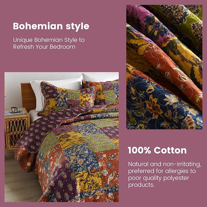 Secgo Queen Comforter Set for Bed - 100% Cotton Quilts Queen Size, Black Bedspreads (90 * 98 Inch) with 2 Pillow Shams, Patchwork Reversible Lightweight Bedding
