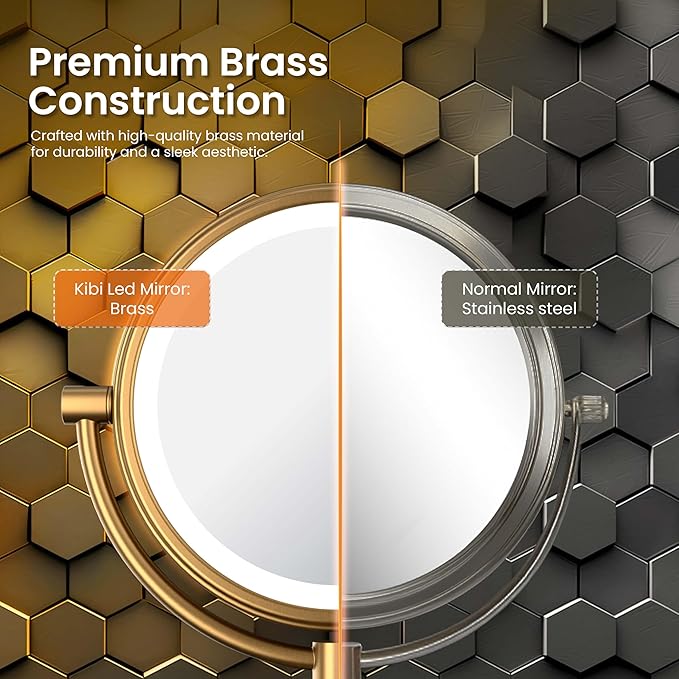 KIBI Circular Wall Mount Makeup Mirror with LED Lights, Dual-Sided 1x/5x Magnifying Mirror with Adjustable Arm, 360° Swivel, Solid Brass Construction for Durability and Style (Matte Black, KMM101)