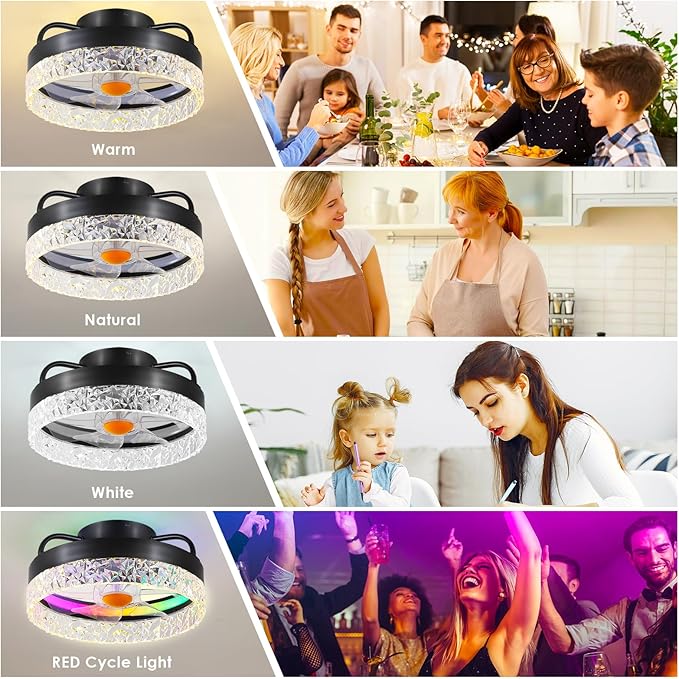 Flush Mount Ceiling Fan with Light - Small Low Profile Ceiling Fan,13" RGB Dimmable LED Bladeless Ceiling Fans, Modern Enclosed LED-RGB Ambient Light for Bedroom, Kids Room, Party
