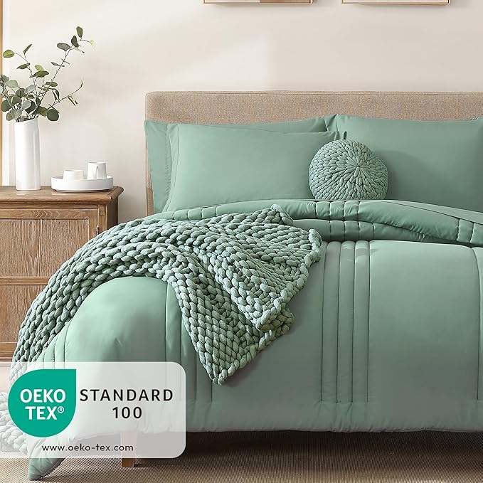 Monbix Queen Comforter Set - 7 Pieces Harbor Green Bed in a Bag Queen Bedding Sets with Comforters, All Seasons Down Alternative Comforter Bed Set with Sheets, Pillowcases & Shams