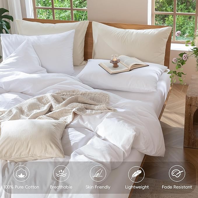 MooMee Bedding Duvet Cover Set 100% Washed Cotton Linen Like Textured Breathable Durable Soft Comfy (Solid Bright White, Queen 90"x90")
