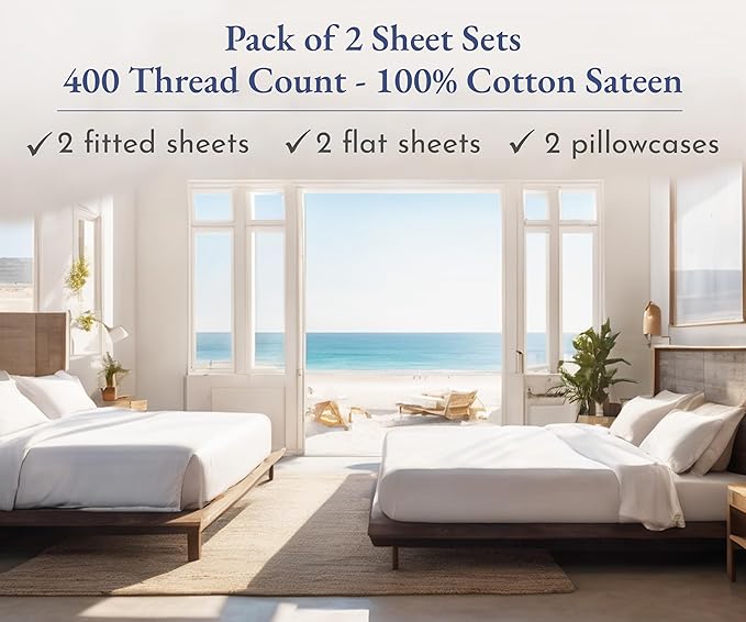 2-Pack Twin XL Sheet Set - 400 Thread Count Sateen 100% Cotton Twin XL Sheet Sets - Soft, Breathable & Cooling Sheets, Wrinkle Resistant, 2 Sets of Deep Pocket Bed Sheets - Ivory (Pale Tone)