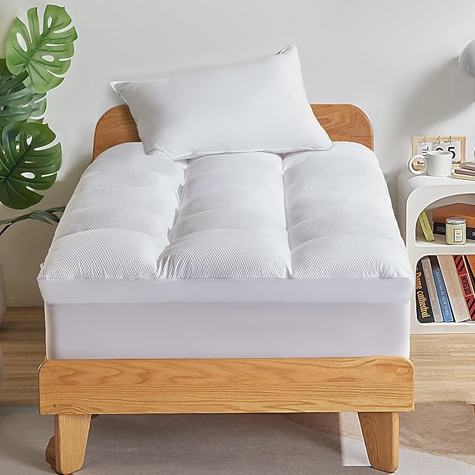 SLEEP ZONE Mattress Topper Twin Size, Extra Thick Fitted Mattress Pad for Back Pain, Plush and Support Mattress Cover, Deep Pockets Mattress Protector, Hotel Quality (White, Twin)