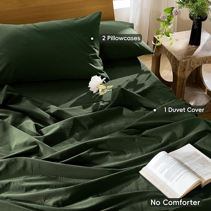 MooMee Bedding Duvet Cover Set 100% Washed Cotton Linen Like Textured Breathable Durable Soft Comfy (Solid Forest Green, Oversized King Plus 128"x120")