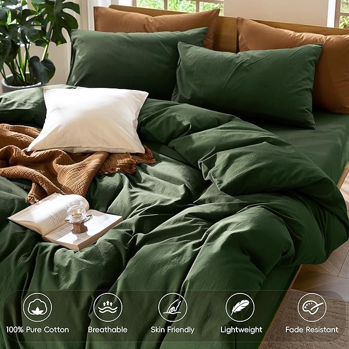 MooMee Bedding Duvet Cover Set 100% Washed Cotton Linen Like Textured Breathable Durable Soft Comfy (Solid Forest Green, Cal King 104"x98")