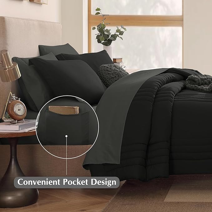 Monbix California King Size Comforter Set - 7 Pieces Bed in a Bag California King, Black Bedding Sets with Comforter, All Seasons Down Alternative Comforter Bed Set with Sheets, Pillowcases & Shams